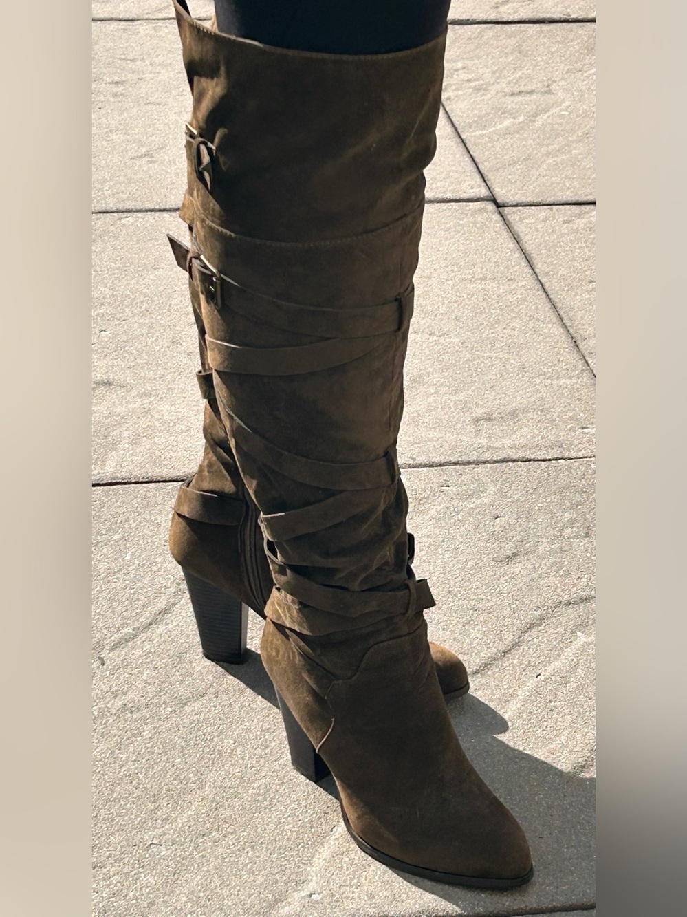 Knee-High Faux Suede Boots – Army Green Buckle Boots with Half Zip